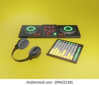 Electronic dance music. DJ, headphone, and launchpad isolated on yellow background. 3d rendering. 3d illustration