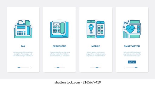 Electronic Devices For Communication Illustration. UX, UI Onboarding Mobile App Page Screen Set With Line Digital Gadget Equipment To Communicate And Work, Fax Deskphone Smartwatch Smart Phone