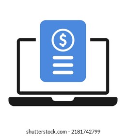 Electronic E-Invoice Icon. Online Digital Invoice Laptop Or Notebook With Bills Illustration