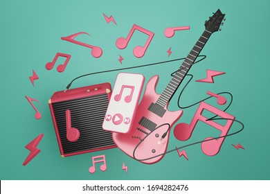 Electronic guitar with Amplifier guitar and smartphone playing music.Melody note float around on green background.3D rendering.
