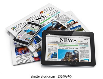 Electronic internet web and paper media concept: tablet PC computer, smartphone and heap of business office newspapers with financial news isolated on white background with reflection effect