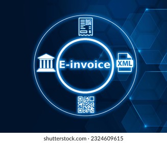 electronic invoice concept, e-invoice concept, XML icon, government, taxes, QR code and invoice, electronic invoice, flow with ERP,XML icon, government, taxes, QR code and invoice