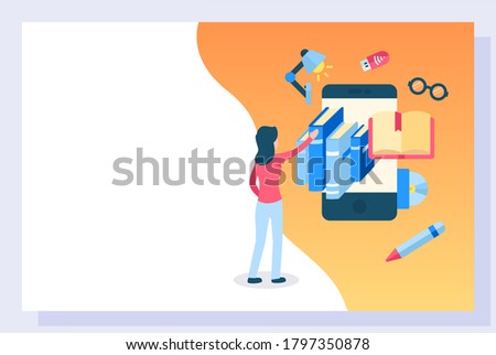 Electronic library access , education and getting knowledge from publication. Ebooks and online application for reading, exam preparation. Website or webpage template, landing page flat style