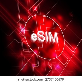 Electronic SIM card. Virtual ESIM chip and circuit board pattern on red background