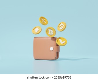 Electronic wallet icon with Cryptocurrency or digital currency on saving data information store investment. trader concept. cartoon minimal on  blue background 3d render. illustration