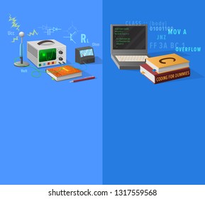 Electronics and coding lessons promotional poster with special equipment for researchers, open laptop and thick textbooks illustrations.