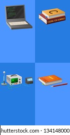Electronics and coding lessons promotional poster with special equipment for researchers, open laptop and thick textbooks raster illustrations set
