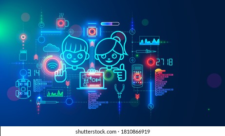 Electronics engineering and hardware programming learning for teens. Boy and Girl coding on laptop in online school for child education of creating electronic robots. Happy kids on science lesson.