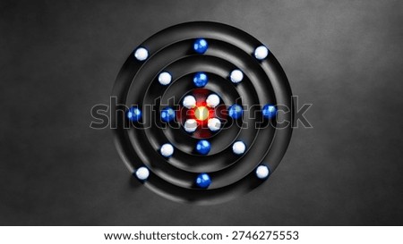 Electrons orbiting nucleus in stylized atomic structure model, educational physics and chemistry concept