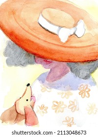 An elegance old lady wearing a big hat with a dachshund. Watercolor. Lady with a doggie.