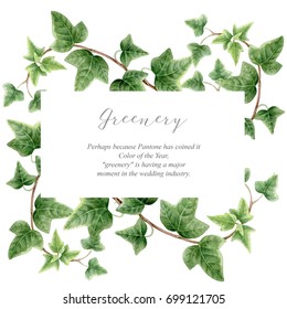 Elegance Rectangular Border With Green Ivy On White Background. Watercolor Botanical Banner.