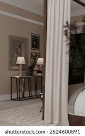 Elegant 3D bedroom visualization featuring a luxurious canopy bed, soft neutral tones, modern classic decor, and sophisticated lighting—perfect for upscale interior design inspiration and catalogs
