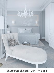 Elegant 3D bedroom visualization featuring a luxurious canopy bed, soft neutral tones, modern classic decor, and sophisticated lighting - perfect for upscale interior design inspiration and catalogs