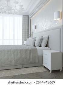Elegant 3D bedroom visualization featuring a luxurious canopy bed, soft neutral tones, modern classic decor, and sophisticated lighting - perfect for upscale interior design inspiration and catalogs