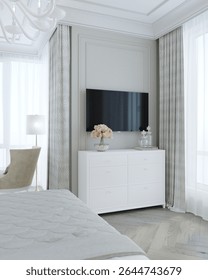 Elegant 3D bedroom visualization featuring a luxurious canopy bed, soft neutral tones, modern classic decor, and sophisticated lighting - perfect for upscale interior design inspiration and catalogs
