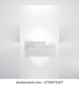 Elegant 3D rendering of white rectangular step pedestals in a clean studio. Features multiple levels for professional product presentation. Ideal for showcasing cosmetics or lifestyle gadgets with ample copy space.