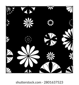 Elegant abstract floral pattern featuring white flowers and decorative shapes on a dark black background.Modern monochorme design suitable for wallpaper,textile,fabric design,packaging,posters,fashion design,sna creative backgrounds.