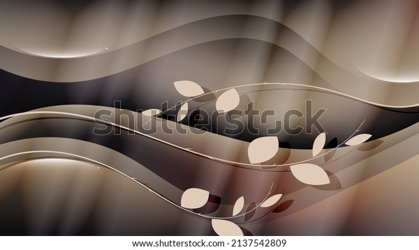 Elegant art wallpaper in coffee-beige tones. Smooth branches with leaves against the background of overlapping wavy shapes. 