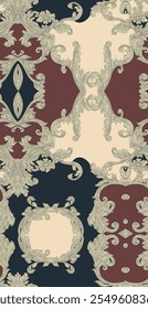 Elegant baroque-style textile pattern featuring intricate floral scrollwork and ornamental motifs in beige against deep navy and burgundy backgrounds. The symmetrical design showcases delicate curling