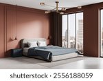 Elegant bedroom with muted colors, featuring a cozy bed, pendant lights, large windows, and cityscape view. Warm tones, contemporary design, 3D Rendering