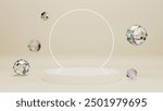 Elegant beige podium with prismatic Ico spheres and a soft white light beam background, ideal for sophisticated product mockups and stylish presentations.