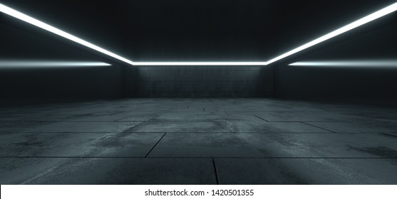 Elegant Big Hall Concrete Glossy Underground Showroom Garage Gallery Hallway Tunnel Corridor Studio White Lights Stripe Empty Dark Grunge 3D Rendering Illustration