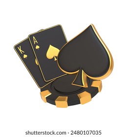 Elegant black and gold card set featuring king and ace of spades on a poker chip, ideal for luxury casino themes. 3D render illustration - Powered by Shutterstock