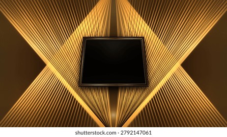 An elegant black rectangular frame sits at the center of radiating golden beams, creating a dramatic, mysterious, and sophisticated visual experience.