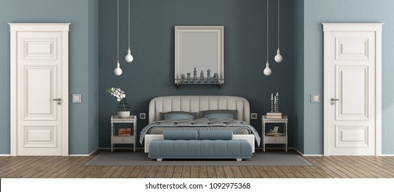 Elegant Blue Master Bedroom With Leather Bed And Two Closed Door - 3d Rendering