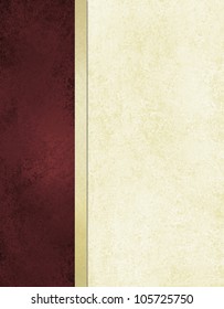 elegant book cover or journal album paper, white background with burgundy red side bar and gold ribbon stripe along border of frame, formal menu or website template, vintage grunge background texture