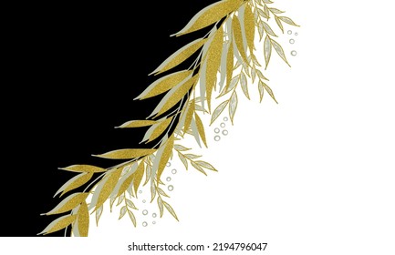 Elegant Botanical Abstract Black And White Banner Background With Golden Leaves. Gold And Nude Twig Border.