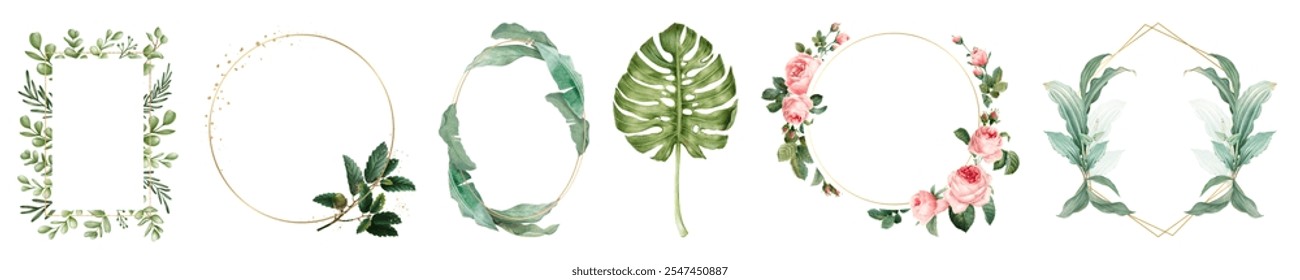 Elegant botanical frames with leaves and flowers. Botanical design with greenery. Perfect for invitations, botanical themes, and elegant designs.  Frame elements isolated on white background. - Powered by Shutterstock