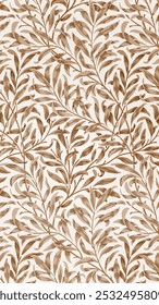 Elegant botanical pattern mobile wallpaper with brown leaves on a beige background. Leafy design with intricate leaf details. Nature-inspired leaf motif for decor. Mobile background wallpaper.