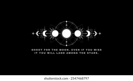 Elegant celestial design with moon phases and geometric stars on a black background, inspiring “Shoot for the moon” quote. Perfect for cosmic and motivational themes wallpaper. - Powered by Shutterstock