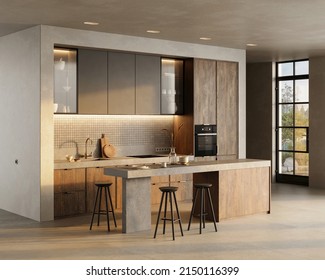 Elegant Chic Bohemian Kitchen With Natural Materials. Wooden Kitchen Cabinet, Concrete Countertop, Plaster Walls, Concrete Floor. Scandinavian Boho Interior With Beautiful Landscape View. 3d Render