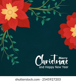 Elegant Christmas background featuring poinsettia flowers and green leaves on a dark green backdrop. "Merry Christmas and Happy New Year" text in white is positioned in the bottom right. - Powered by Shutterstock