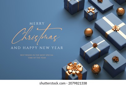 Elegant Christmas card design with blue gifts, balls and text in 3D rendering. Merry Xmas and happy new year