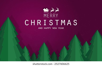 Elegant Christmas card with a modern, minimalist design. A deep magenta background with santa slegigh, snowflakes, and a paper cut style pine tree complement the "Merry Christmas " typography. - Powered by Shutterstock