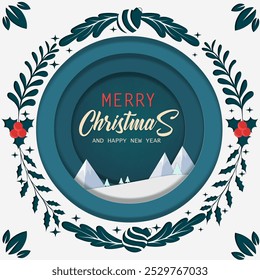 Elegant Christmas greeting card with layered paper cut style, featuring snowy mountains, holly leaves, and festive ornaments in teal and red. Minimalist, festive, and modern. - Powered by Shutterstock