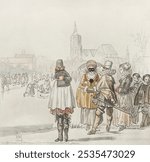 Elegant company on the ice (1766) by Cornelis Ploos van Amstel. People on the ice. Vintage art drawing illustration, old painting art print. Vintage peopke during winder ice skating.