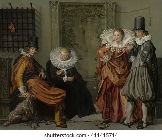 Elegant Couples Courting, by Willem Buytewech, 1616-20, Dutch painting, oil on canvas. This painting tells a moral tale. The man at left resists the tempting woman beside him. The standing couple has