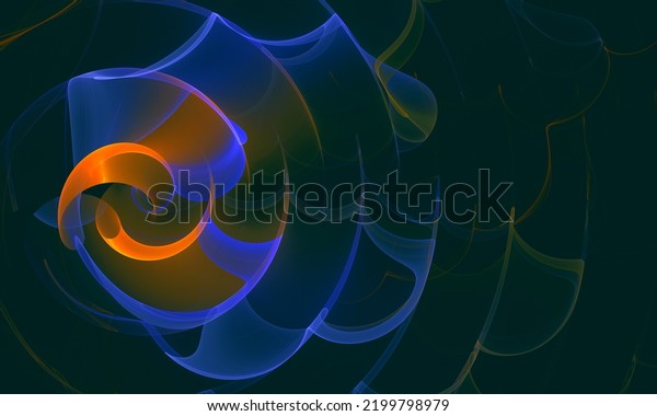 Elegant digital smoky blue waves of vibration
with fiery orange core in deep dark space. Multilayered ornamental
3d ripples radiate and fade. Great as cover print for electronics,
decoration,
banner.