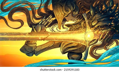 An elegant and disproportionate warrior doll with a woman's head and hair holds a magic fire sword in a doll's hand, her whole body consists of golden armor and hinges, against a bright sunset. 2d art