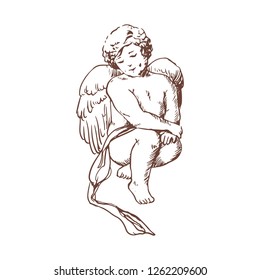 Elegant drawing of lovely sitting Cupid isolated on white background. Little angel, god or deity of romantic love, mythological character with wings. Hand drawn monochrome  illustration.