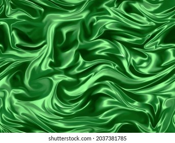 Elegant Emerald Green Fabric Backgrounds. Metallic Color Of Shiny Textile, Soft Green Texture. Satin Folds, Waves Pattern. Luxury Fashion. Smooth Glossy Clothes. Silk Bedsheet. Seamless Wallpaper
