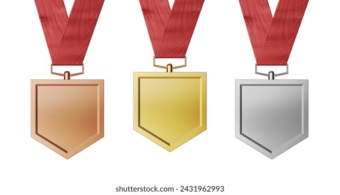 elegant exclusive achievement trophy award five sided shield shape in gold silver bronze medallion mockup with red pendant strap lanyard front view isolated realistic - Powered by Shutterstock