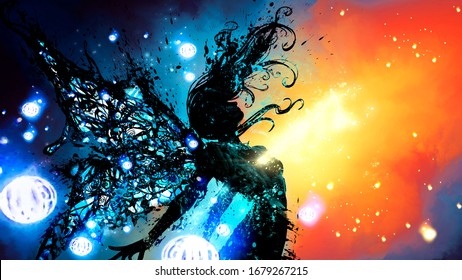 An elegant fairy girl in an emotional rush on a blue-orange cosmic background, soars into the sky, surrounded by glowing lanterns flying in the same direction. 2D illustration