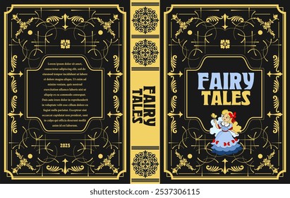 Elegant fairy tale book cover design featuring gold foil ornate borders on a black background. No AI - Powered by Shutterstock