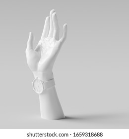 Elegant Female Hand Gesture Sculpture, White Woman Accessories Art Background, Mannequin Hand And Wrist Watch Isolated, 3d Rendering