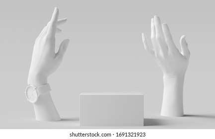 Elegant Female Hand Gesture White Sculpture, Woman Accessories Art Jewelry Background, Mannequin Hands And Product Display Podium, 3d Rendering